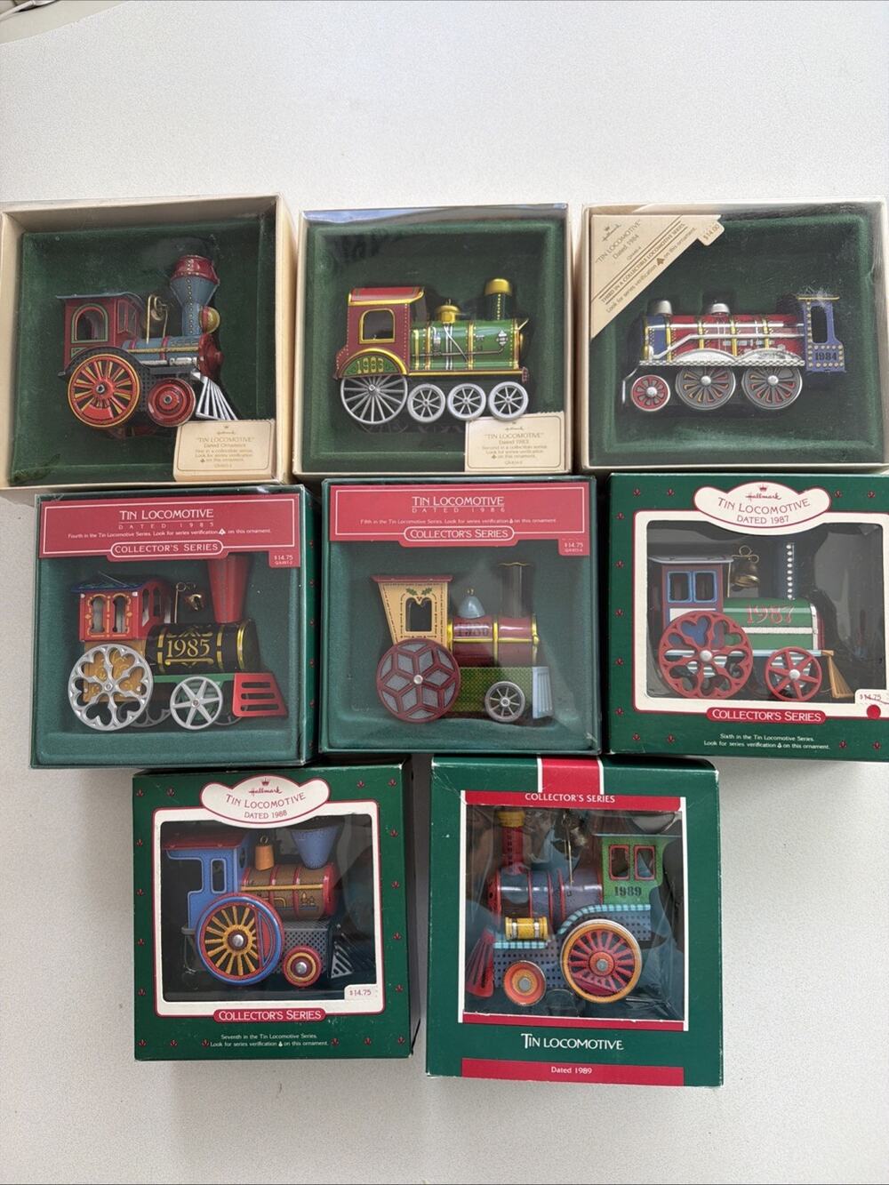 1982-89 Hallmark TIN LOCOMOTIVE COMPLETE SET OF 8 ORNAMENTS Bonus Train Boxed